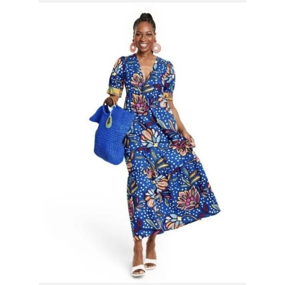 Tabitha Brown for Target Blue Floral Polka Dot Maxi Dress Cotton Tropical Size 4